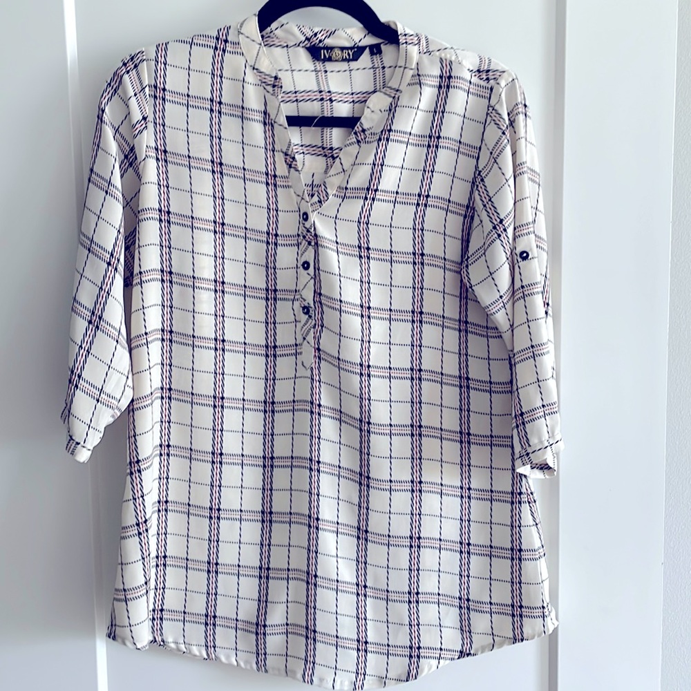 Ivory V neck plaid blouse with Roll tab sleeves off white red pattern